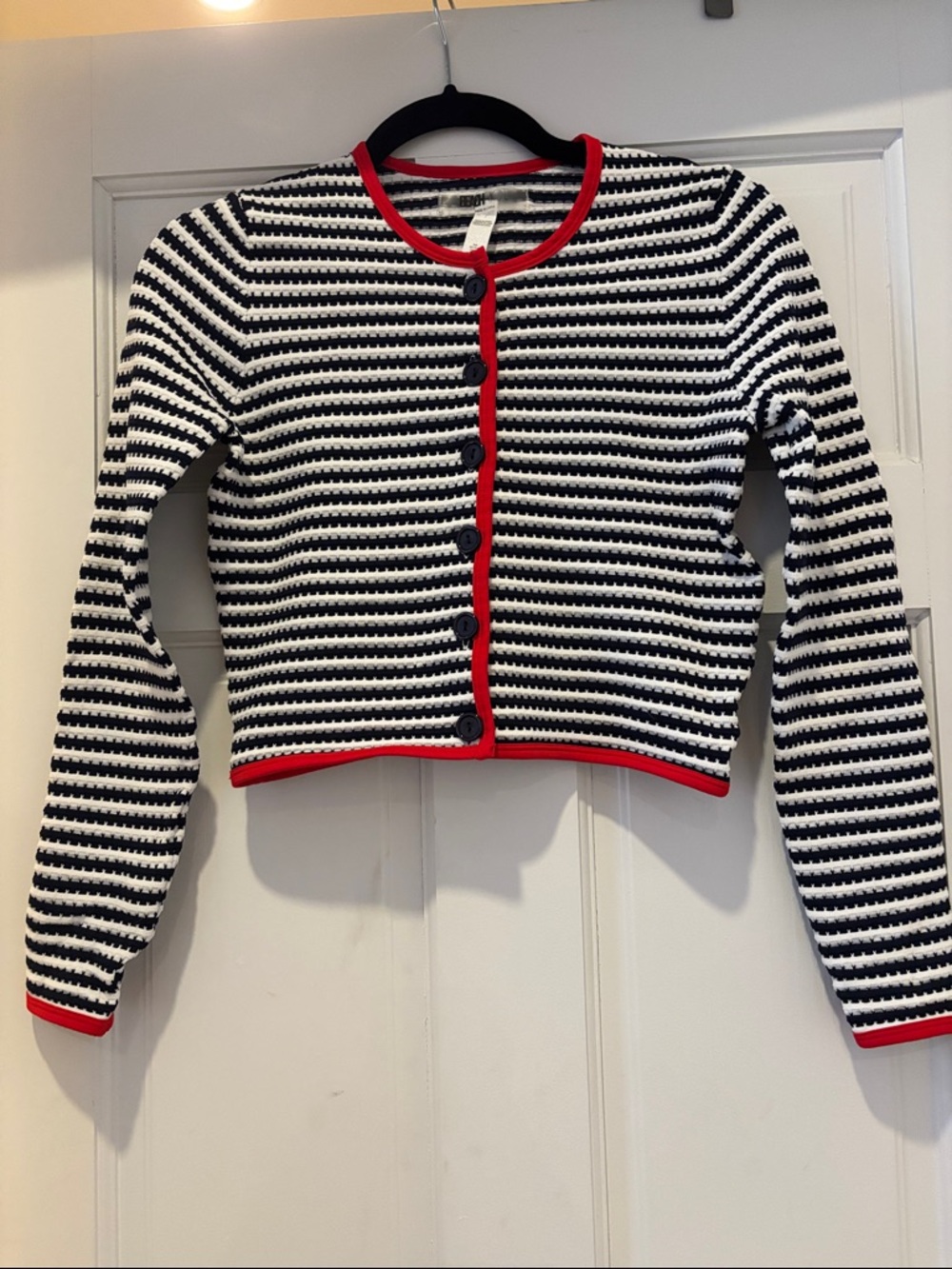 Beach Riot Black & White Striped Cropped Cardigan with Red Trim